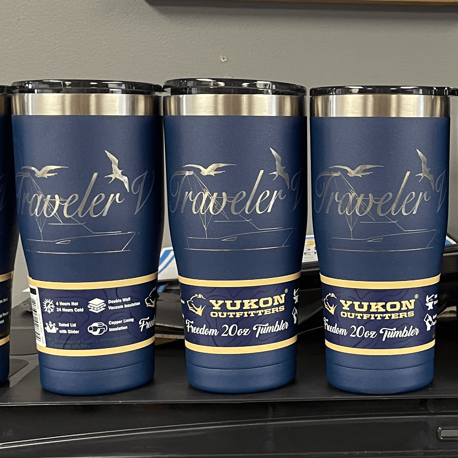 Traveler tumblers custom engraved by Dark Desire Window Tint and Vinyl