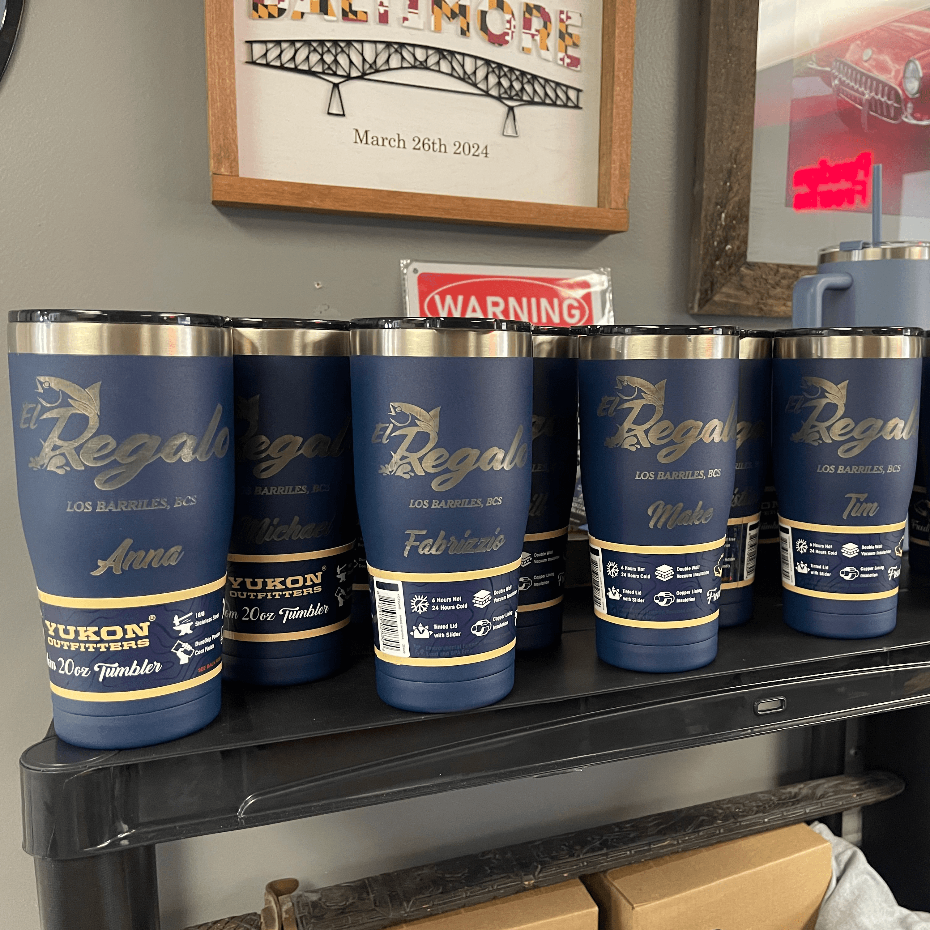 El Regalo team tumbler cups custom engraved by Dark Desire Window Tint and Vinyl