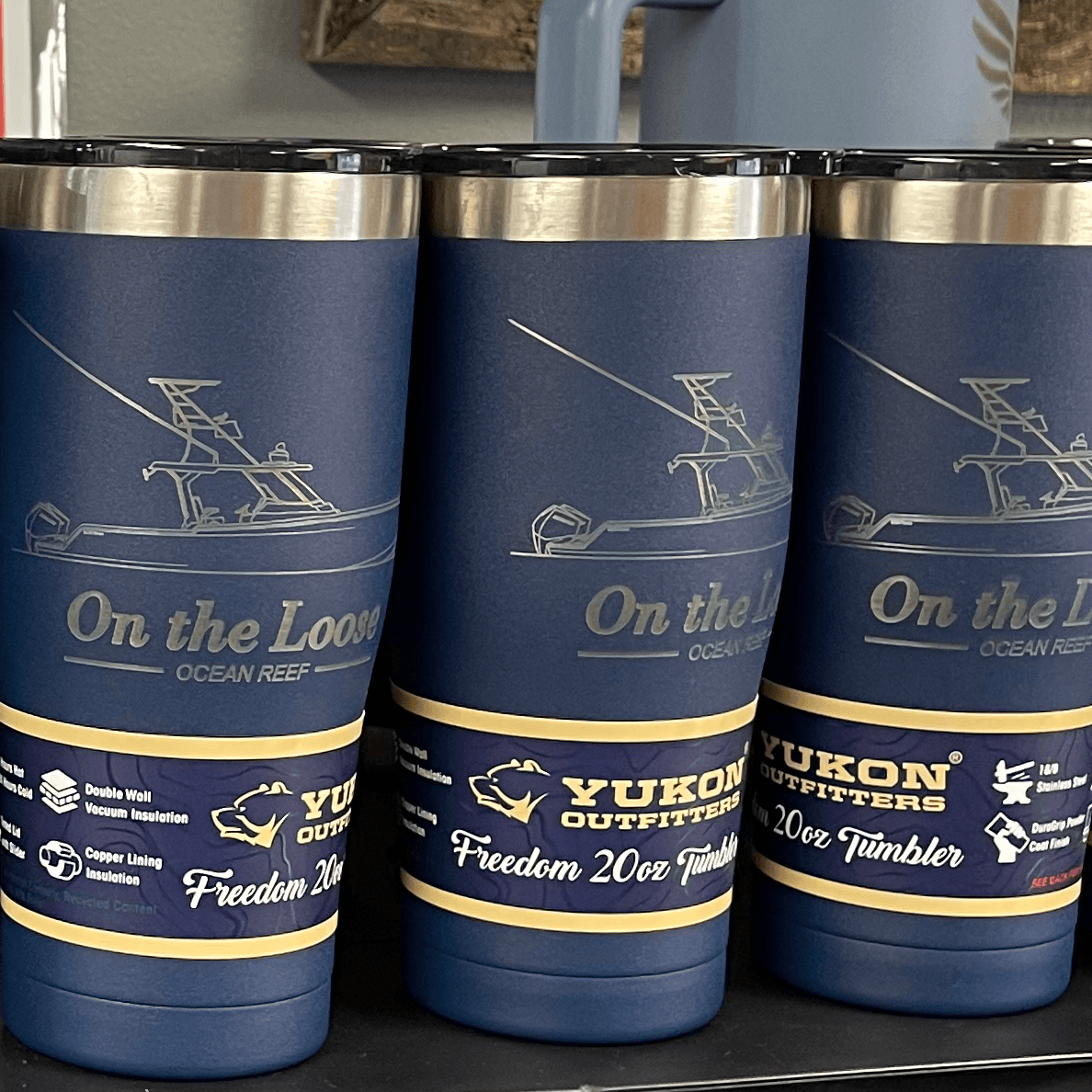 Custom engraved cups for On the Loom Ocean Reef