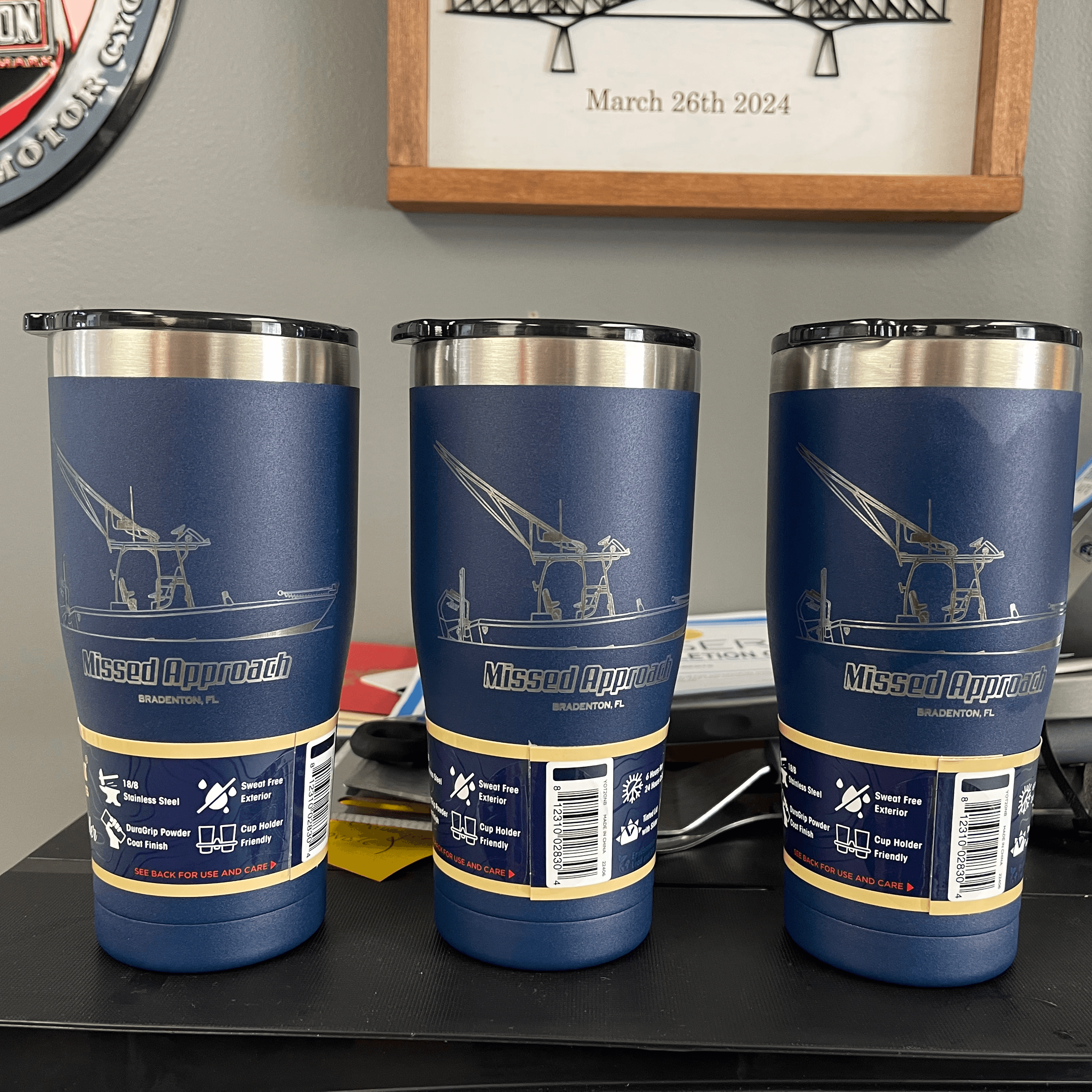 Missed Approach boat cups custom engraved by Dark Desire